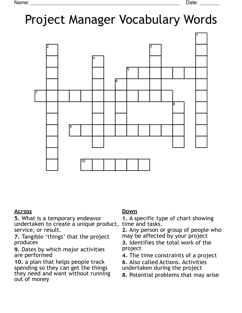 Project Manager Vocabulary Words Crossword WordMint
