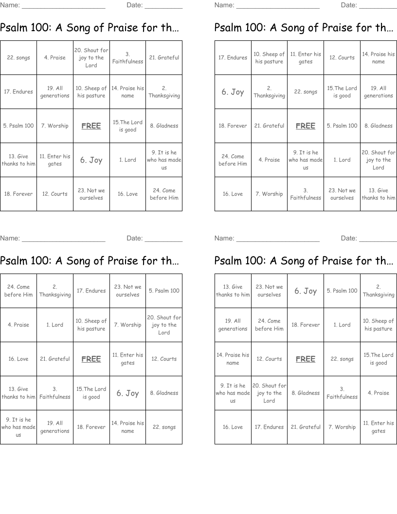 Psalm 100 A Song Of Praise For The Lord s Faithfulness To His People Bingo Cards WordMint