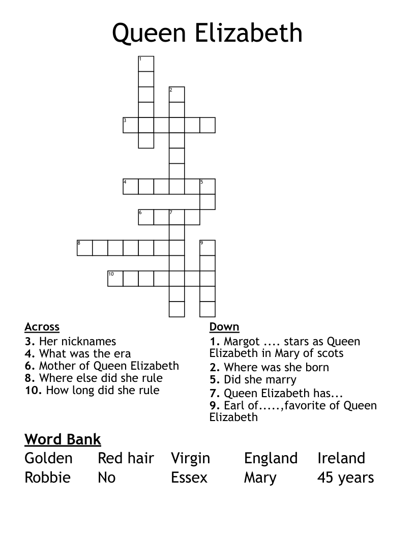 Queen Elizabeth Crossword WordMint
