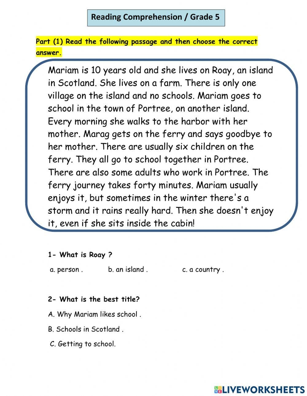 Reading Comprehension 1 Grade 5 Online Exercise For Live Worksheets Library