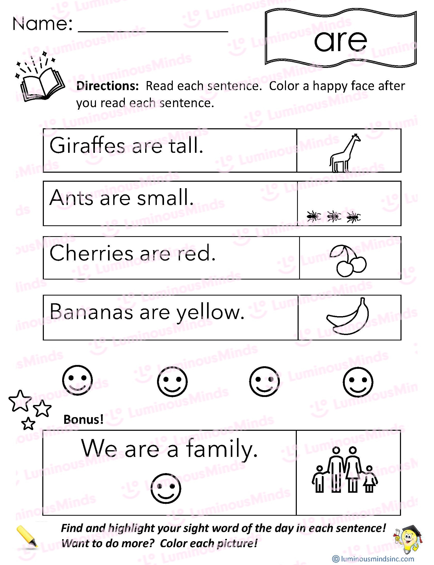 Reading Comprehension Worksheets Reading With Sight Word Are