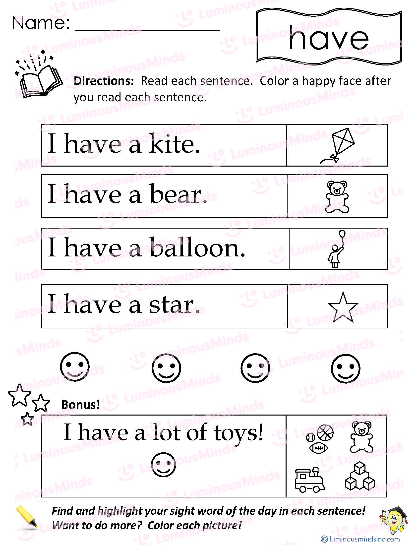 Reading Comprehension Worksheets Reading With Sight Word Have