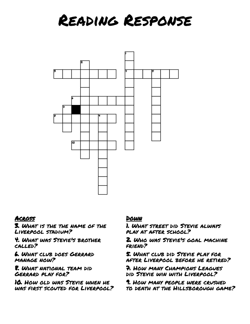 Reading Response Crossword WordMint
