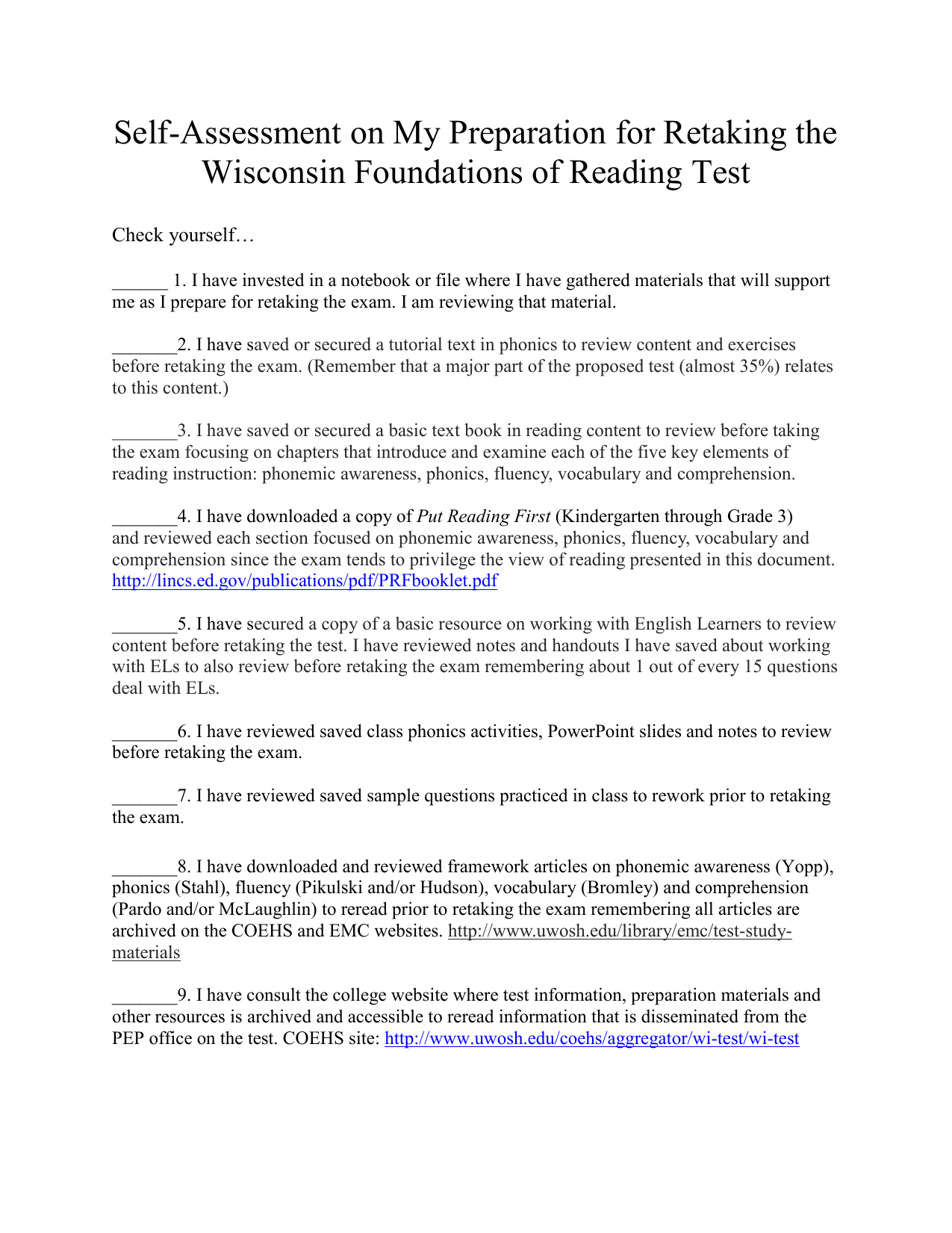 Reading Test Prep Self Assessment Checklist