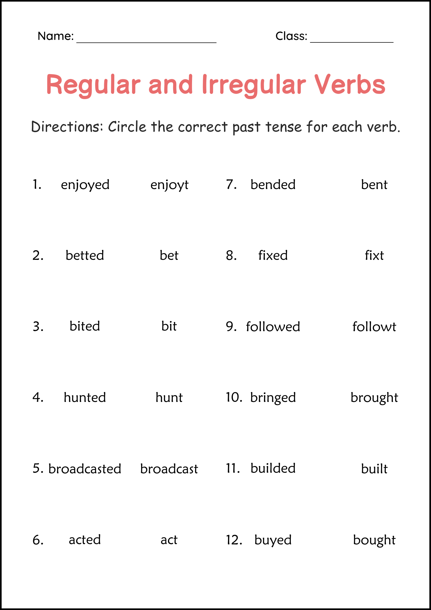 Regular And Irregular Simple Past Tense Verbs Worksheets For Grade 1 2 3 Made By Teachers