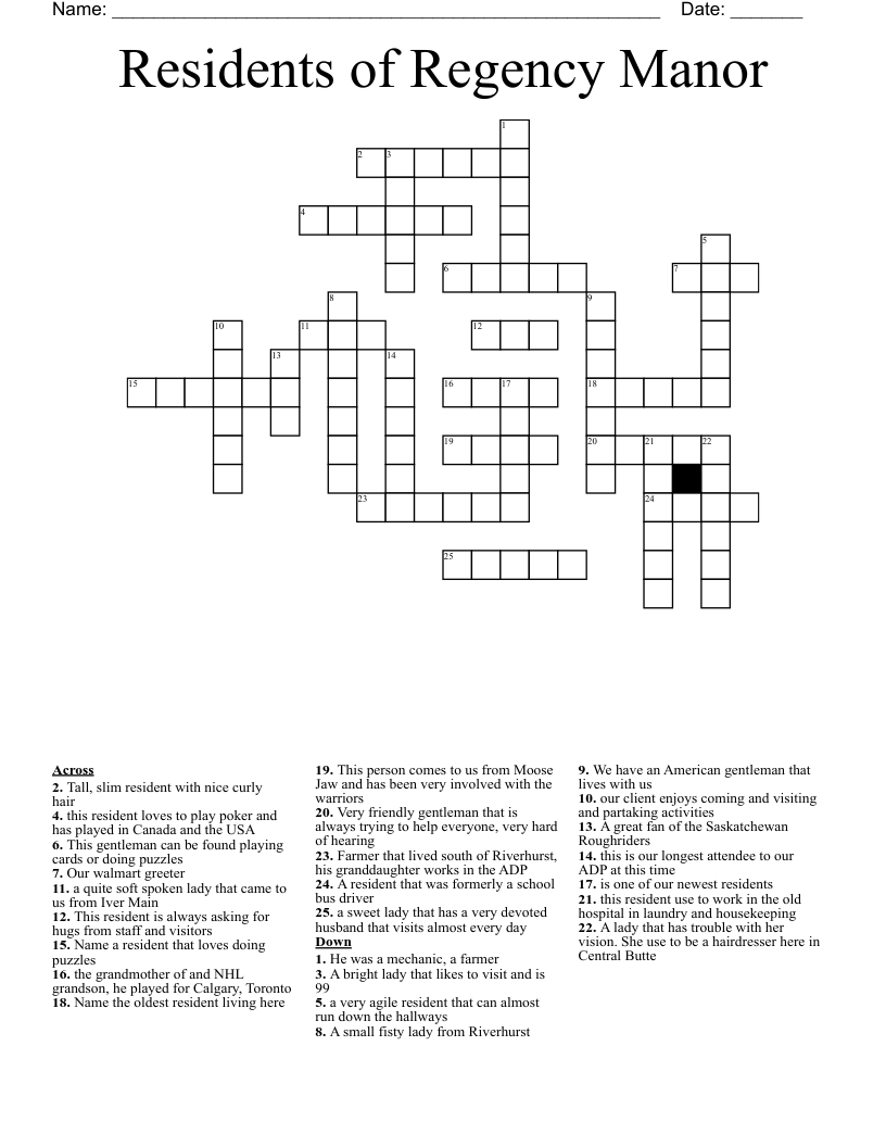 Residents Of Regency Manor Crossword WordMint