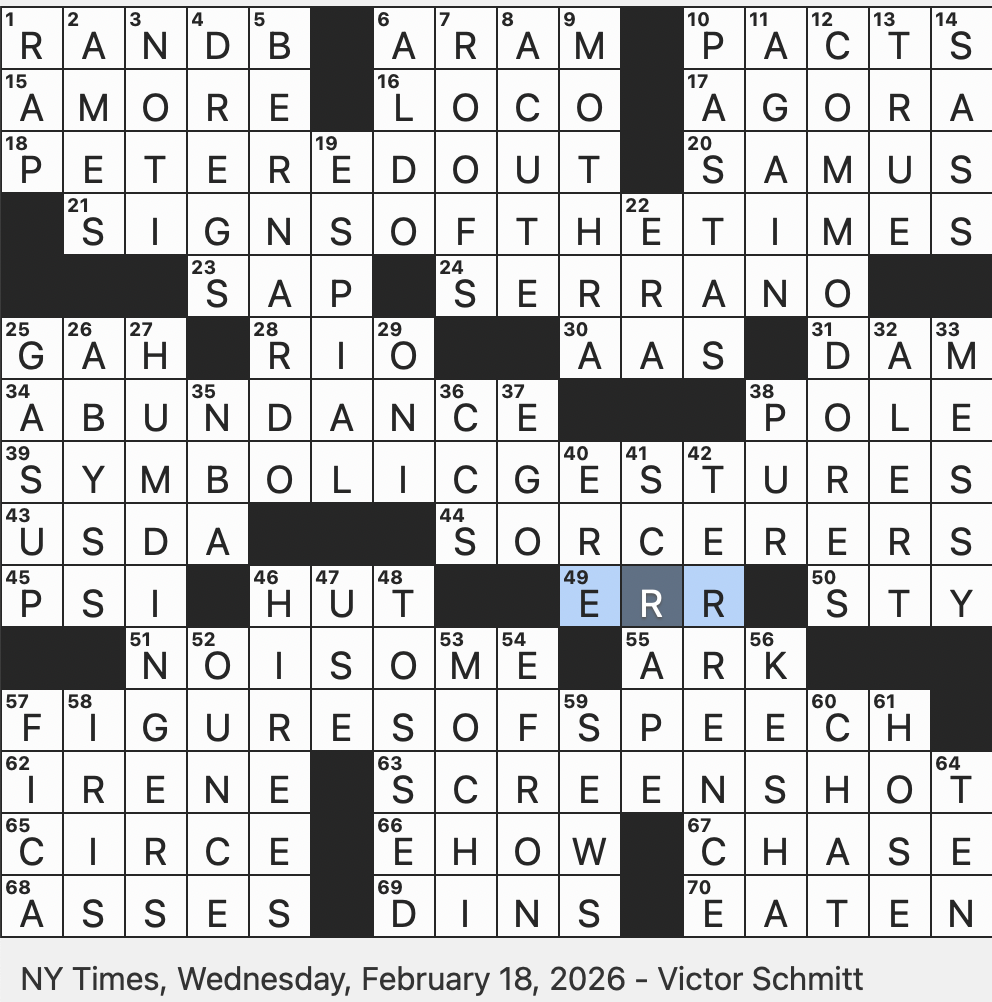 Rex Parker Does The NYT Crossword Puzzle Biblical Name For Syria WED 2 18 26 Offensively Odorous Aran Heroine Of Nintendo s Metroid Demon Of Japanese Folklore Reduced To