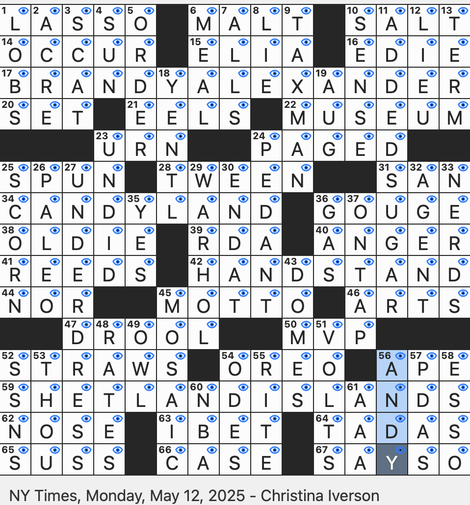 Rex Parker Does The NYT Crossword Puzzle Dessert Cocktail With Cr me De Cacao MON 5 12 25 Scottish Archipelago West Of Norway Noted Painter Of Soup Cans Jazz Singer s Improvised