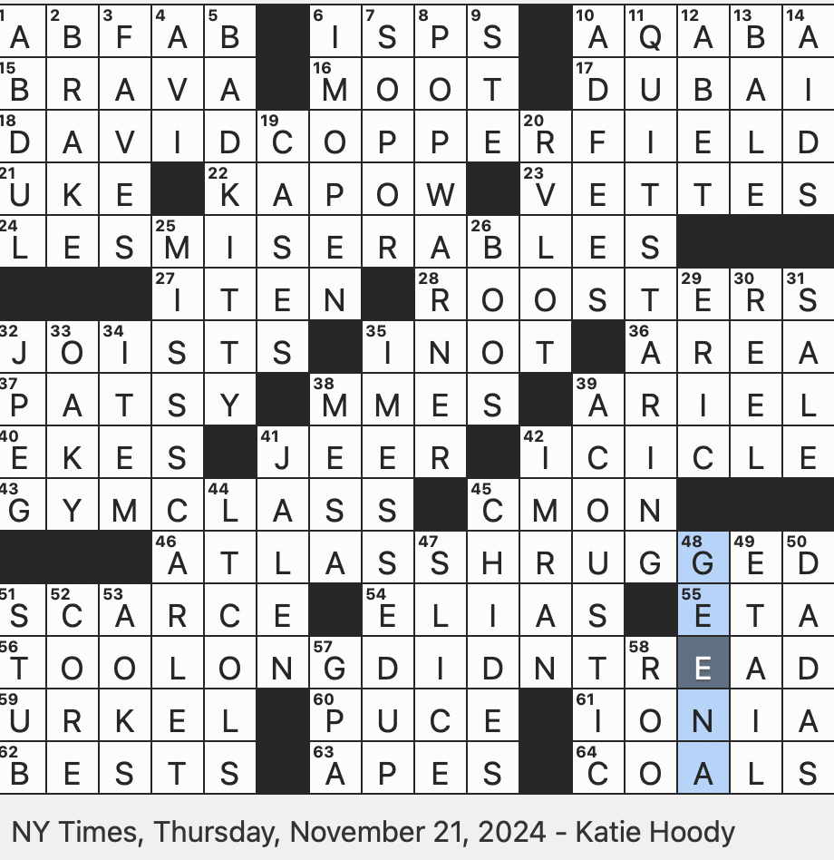 Rex Parker Does The NYT Crossword Puzzle Gala Throwaway THU 11 21 24 San Francisco Organization Supporting Women In The Arts Classic Sitcom Streaming On Britbox Familiarly On Ice Longer
