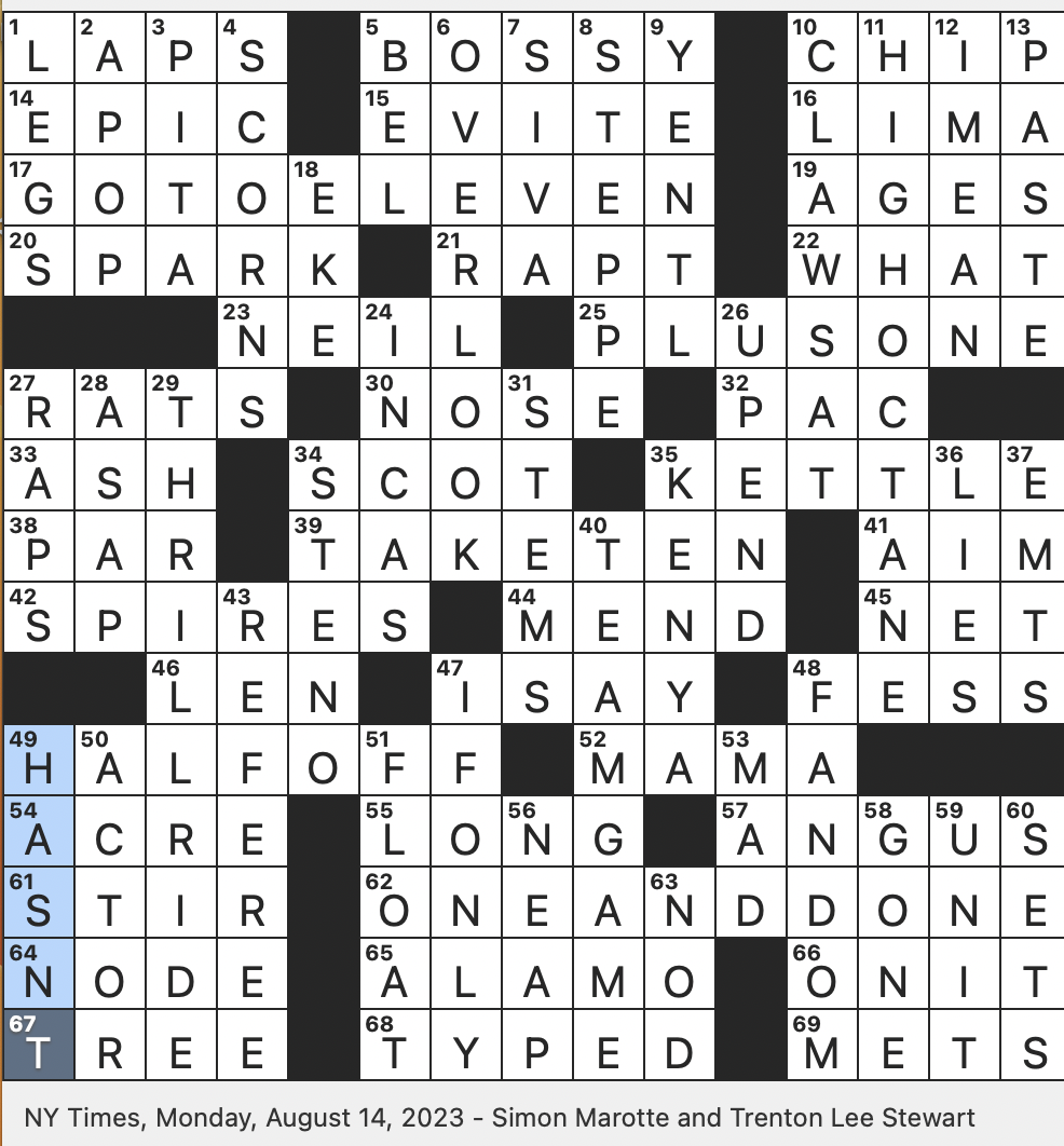 Rex Parker Does The NYT Crossword Puzzle Group Of Obsessive Followers As Of A TV Show MON 8 14 23 Exceed The Limit La Spinal Tap Longtime Dancing With The Stars Judge Goodman