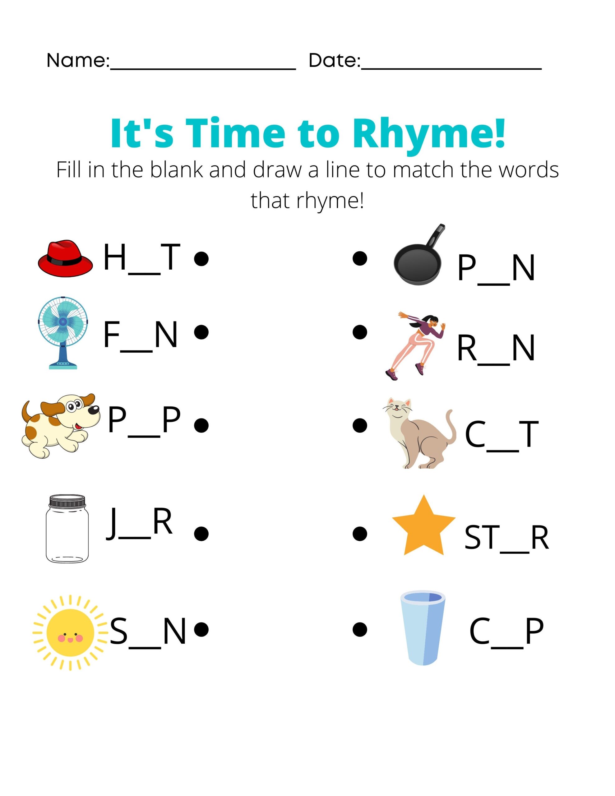 Rhyming Words Printable Worksheets Kindergarten First Grade Etsy