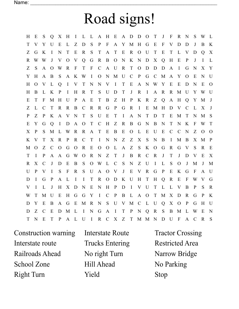 Road Signs Word Search WordMint Road Signs Word Search WordMint