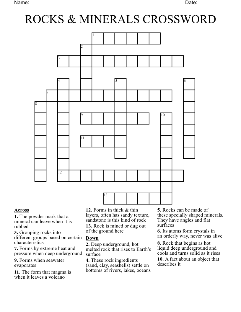 ROCKS MINERALS CROSSWORD WordMint ROCKS MINERALS CROSSWORD WordMint