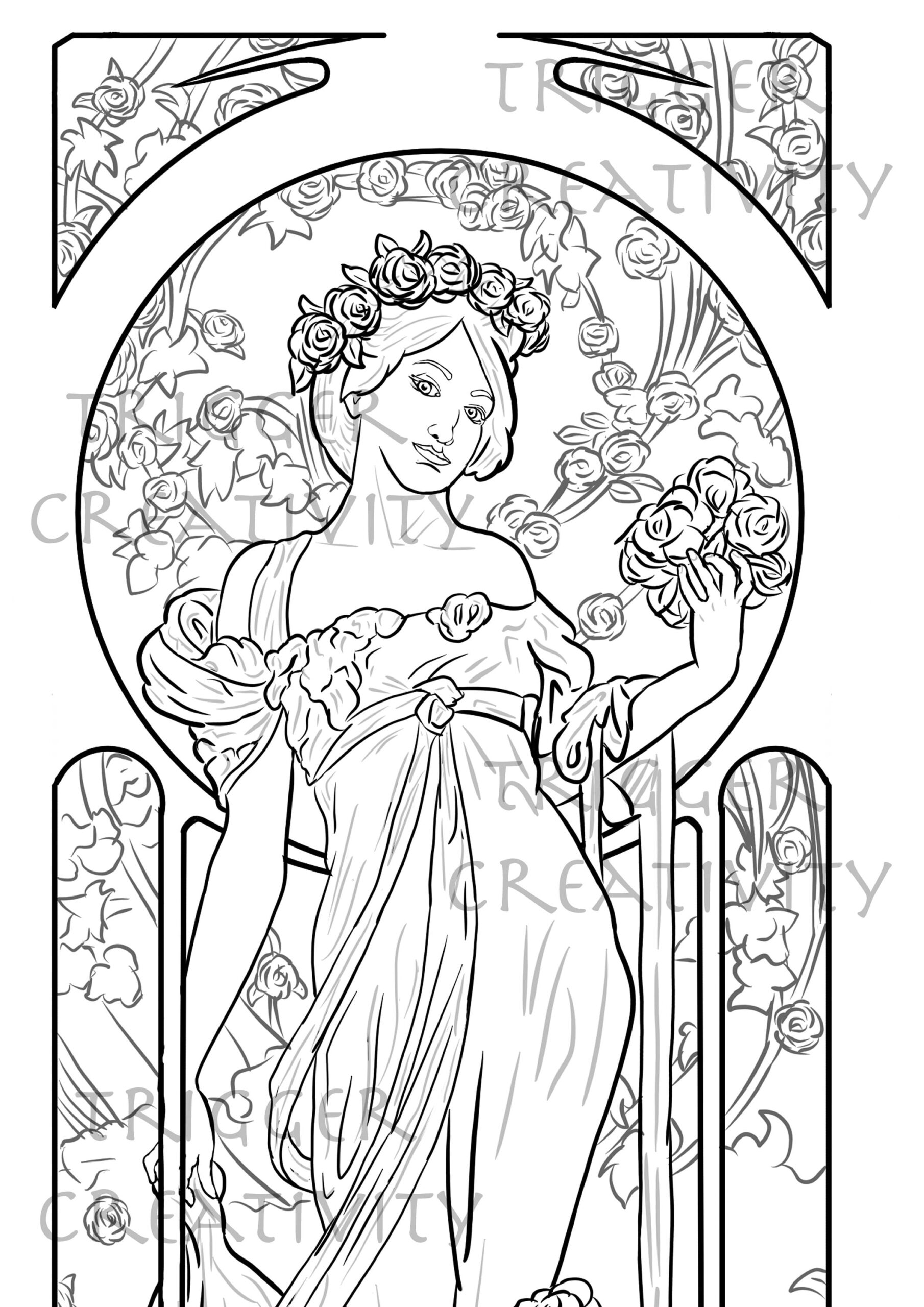 ROSANNA COLOURING PAGE Art Nouveau Printable Colouring Adults Children Lineart Stress Relief Alphonse Mucha Drawing Trigger Creativity Etsy