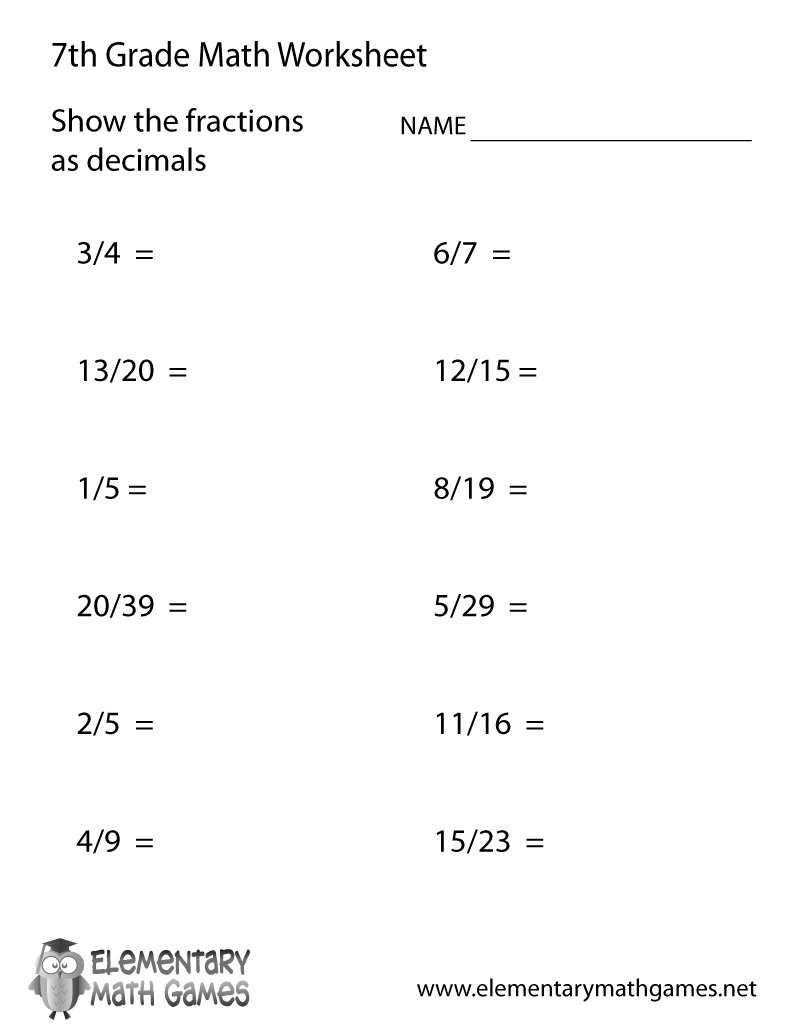 Seventh Grade Fractions And Decimals Worksheet Seventh Grade Fractions And Decimals Worksheet