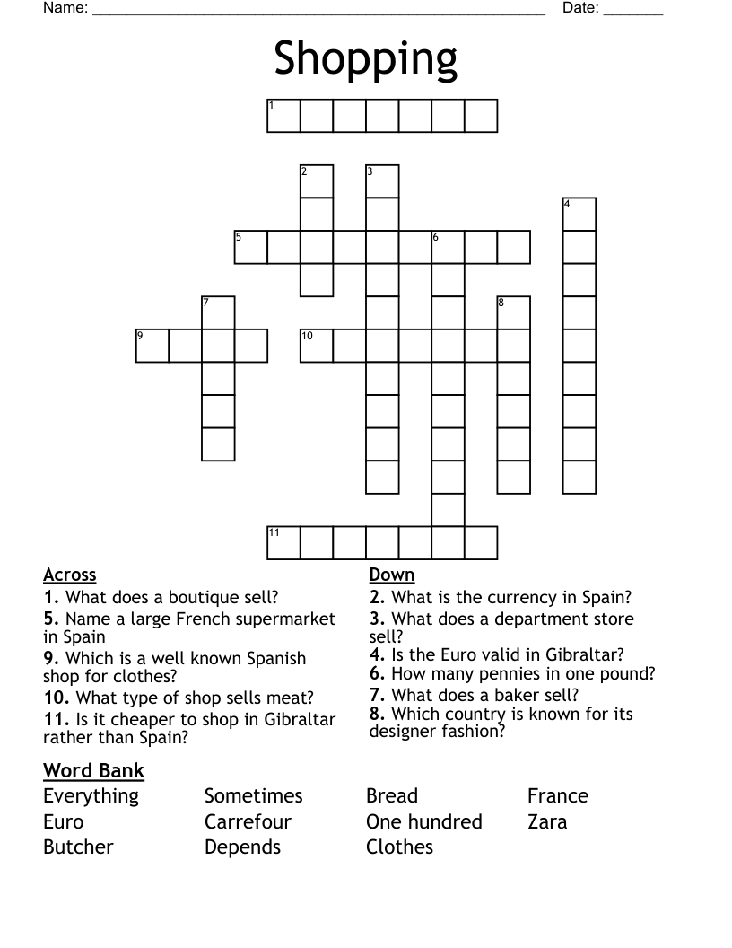 Shopping Crossword WordMint Shopping Crossword WordMint