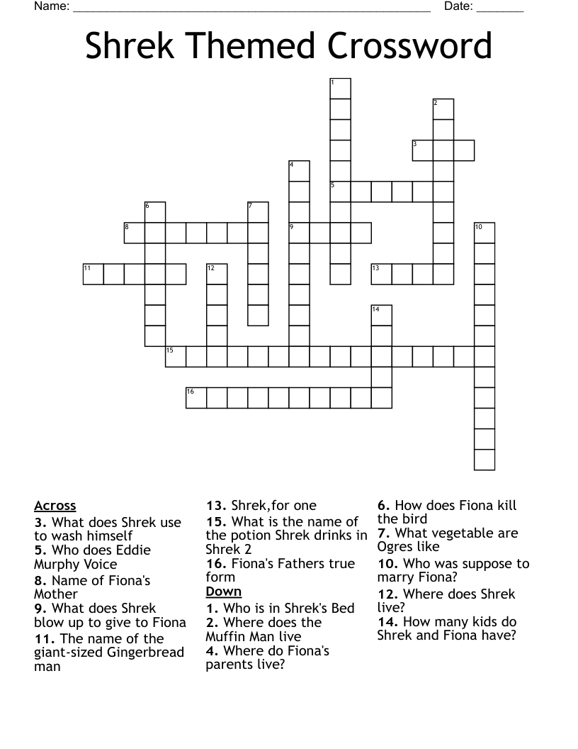Shrek Themed Crossword WordMint