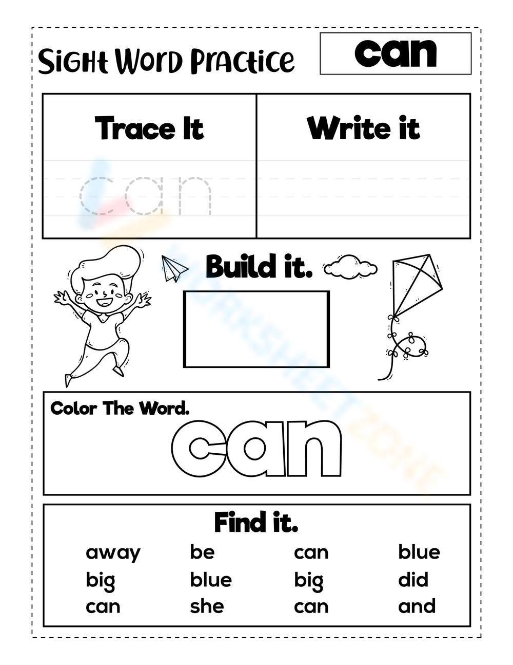 can sight word worksheet