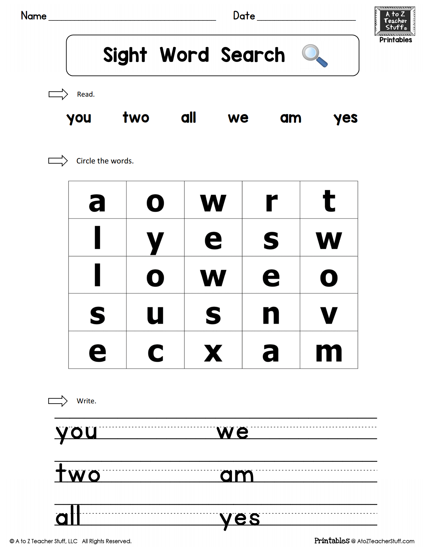 kindergarten sight words word search