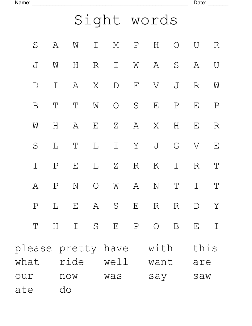 sight word word search kindergarten