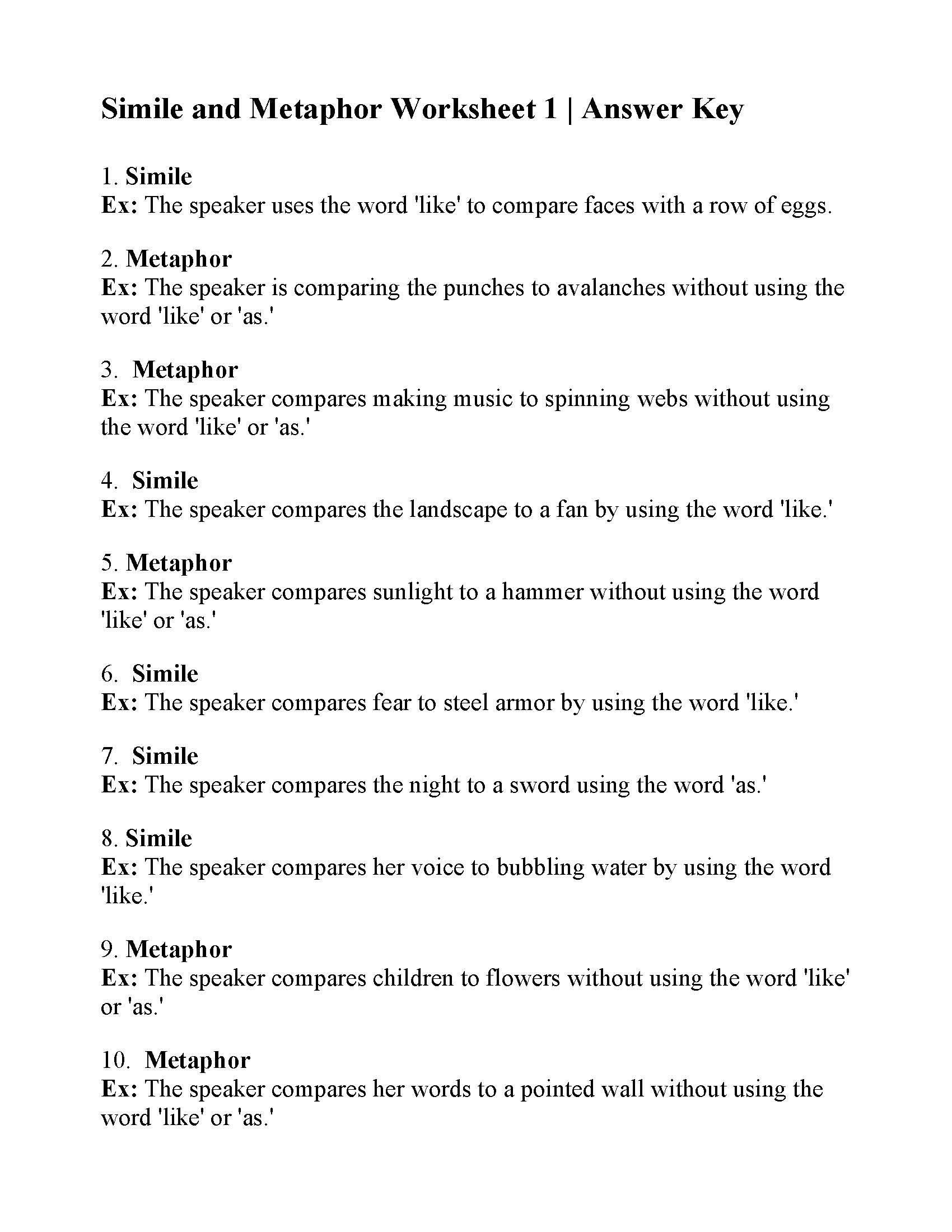 Simile And Metaphor Worksheet 1 Figurative Language Activity Simile And Metaphor Worksheet 1 Figurative Language Activity
