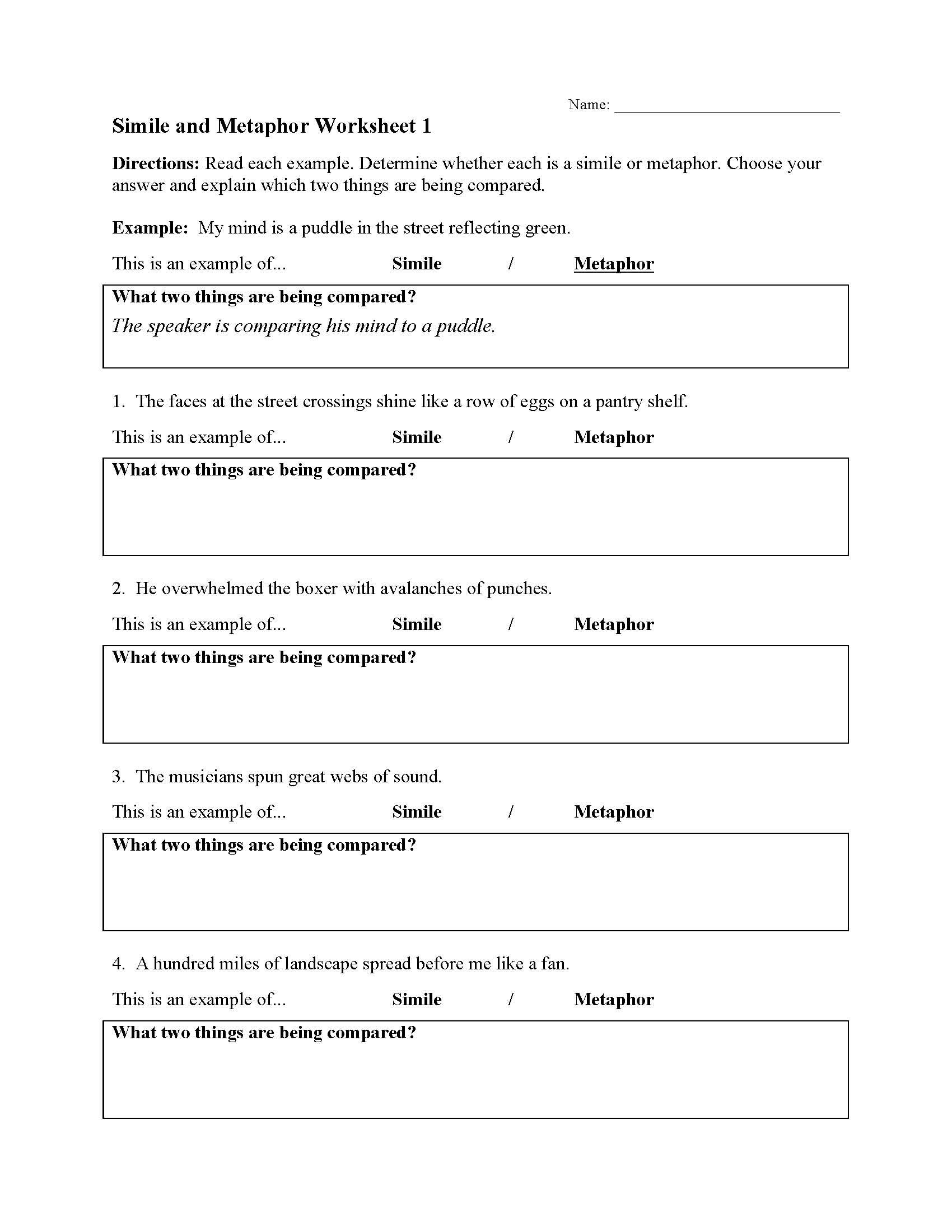 Simile And Metaphor Worksheet 1 Figurative Language Activity Simile And Metaphor Worksheet 1 Figurative Language Activity