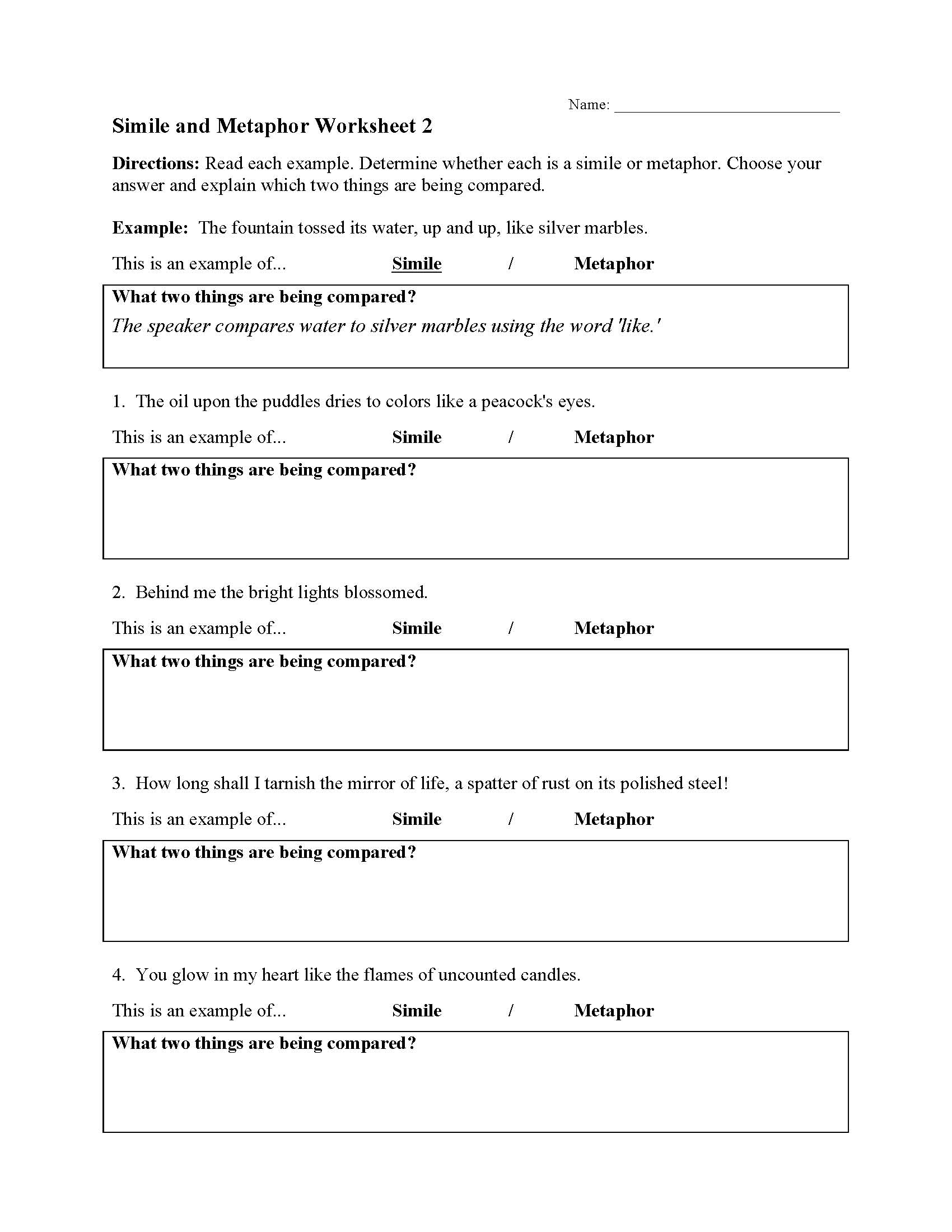 Simile And Metaphor Worksheets Ereading Worksheets