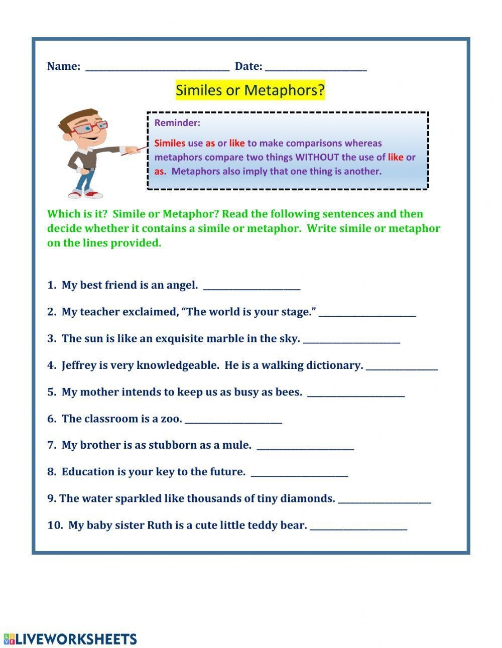 simile and metaphor worksheet simile and metaphor worksheet