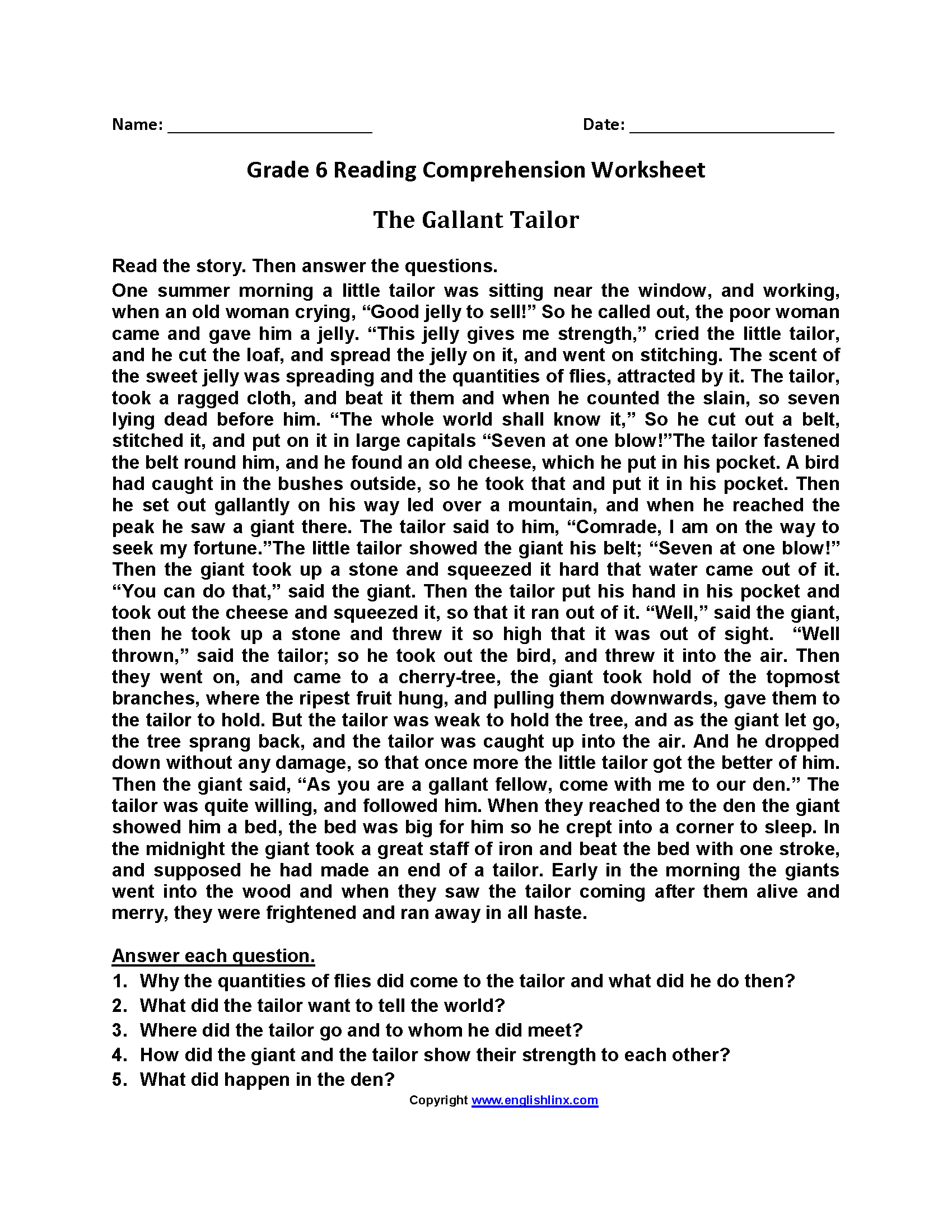 Sixth Grade Reading Worksheets Vocabulary Fluency Practice PDF