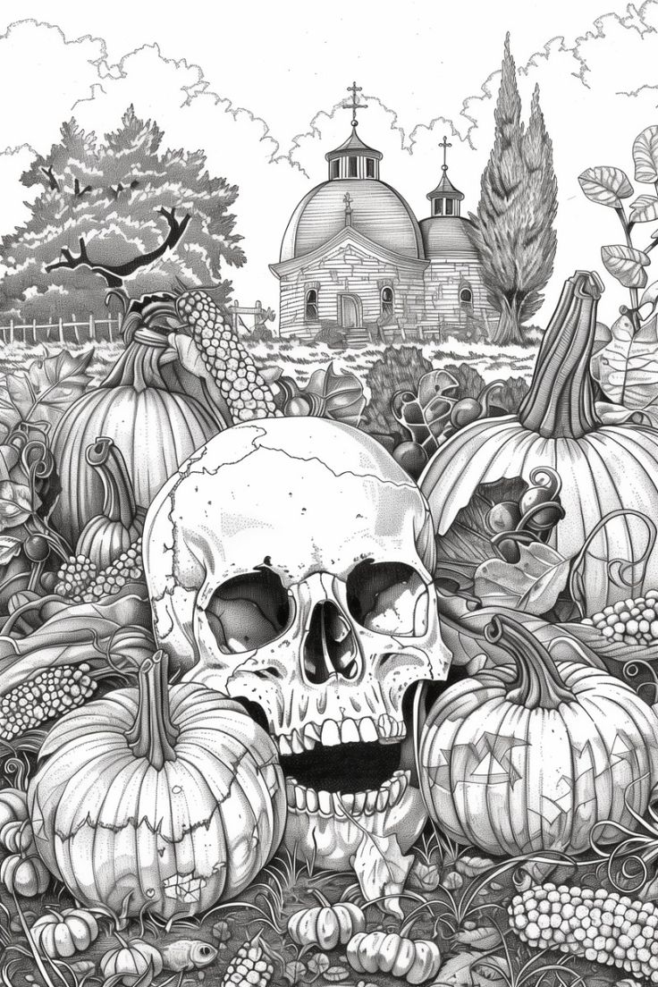 Skull And Pumpkin Patch Scene Free Printable Coloring Page Skull And Pumpkin Patch Scene Free Printable Coloring Page