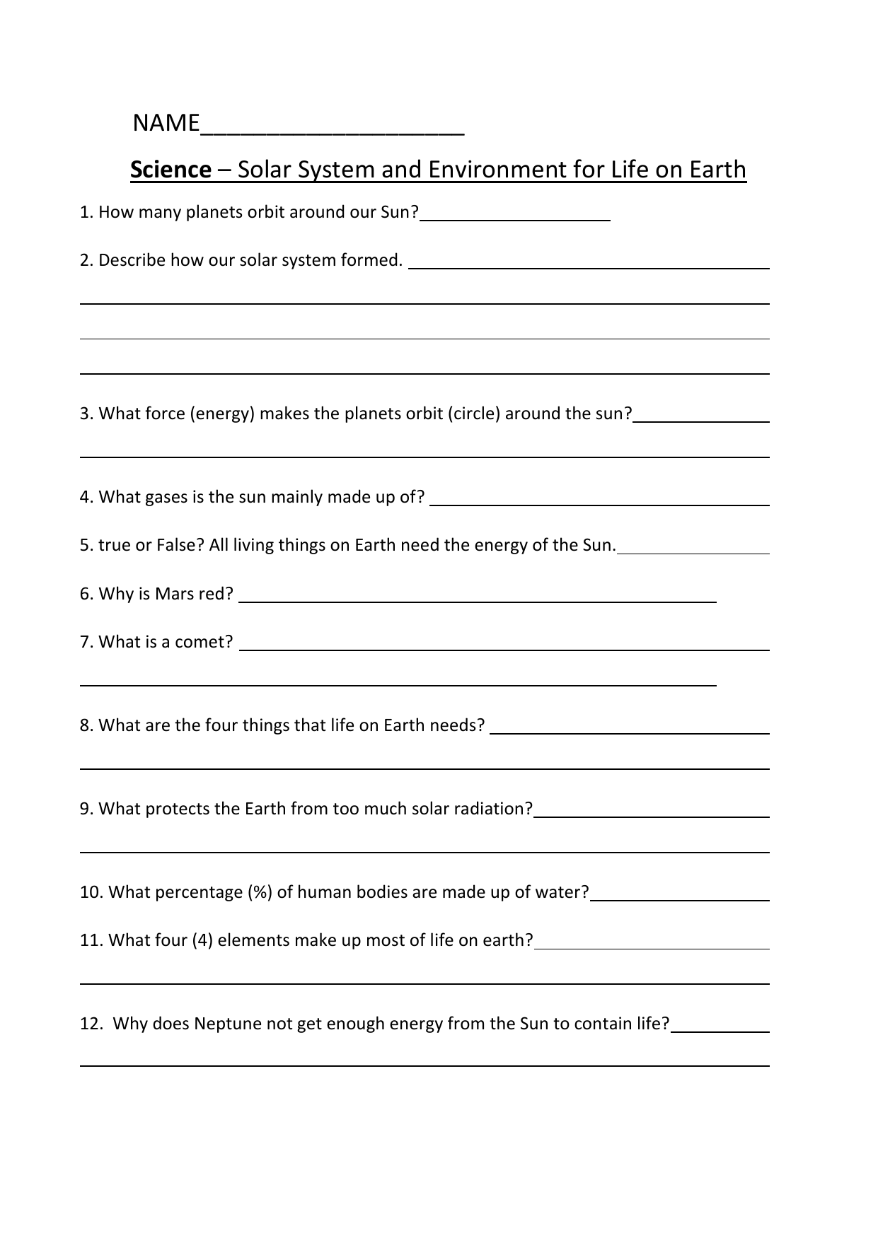 Solar System Life On Earth Worksheet Solar System Life On Earth Worksheet