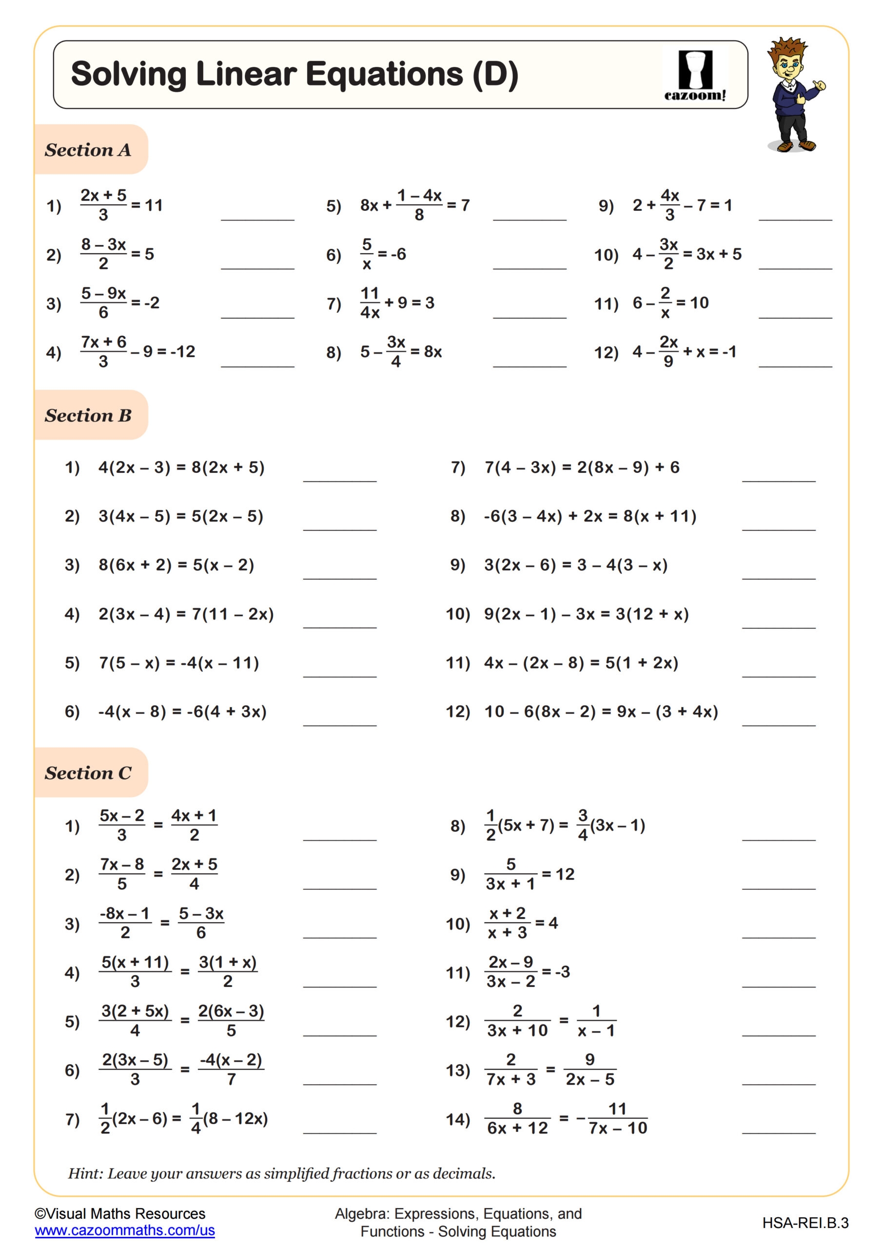 Solving Linear Equations D Worksheet PDF Printable Algebra Worksheet Solving Linear Equations D Worksheet PDF Printable Algebra Worksheet