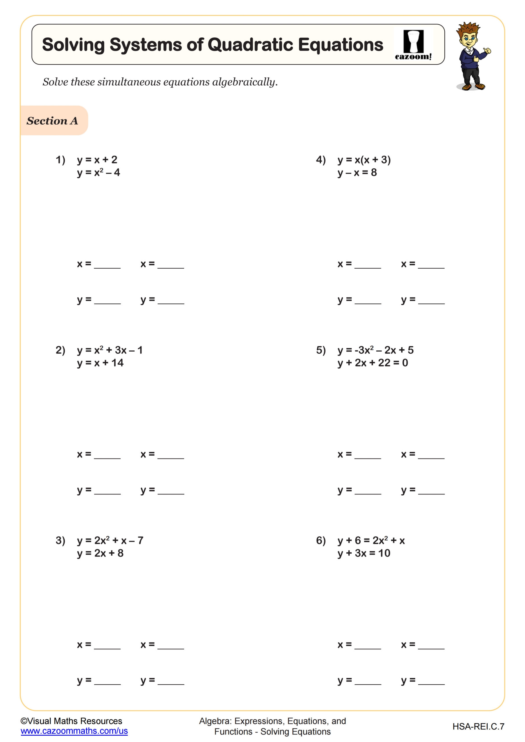 Solving Systems Of Quadratic Equations Worksheet Algebra II PDF Worksheets
