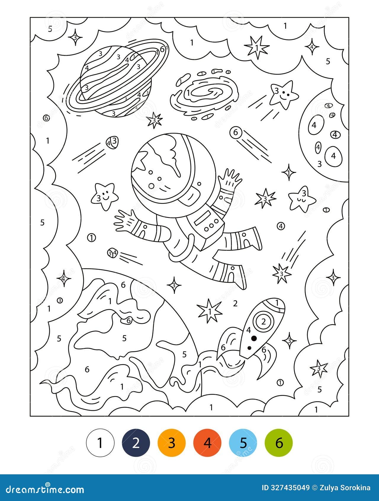 Space Activity Pages For Kids Color By Numbers Vector Outline Illustration Astronaut In Space Stock Vector Illustration Of Cloud Curves 327435049