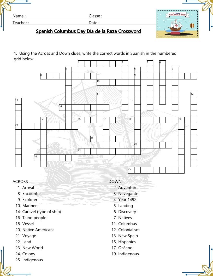 Spanish Columbus Day Vocabulary Crossword Worksheets Printable Activity For D a De La Raza Answer Keys Etsy