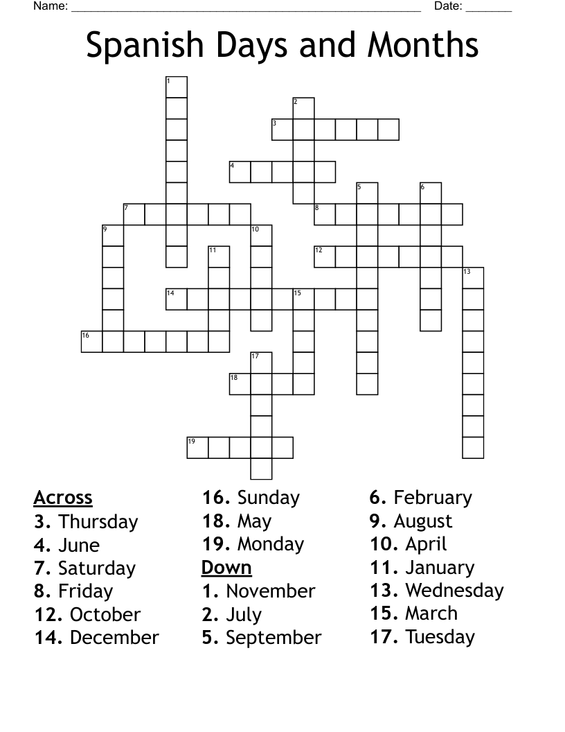 Spanish Days And Months Crossword WordMint