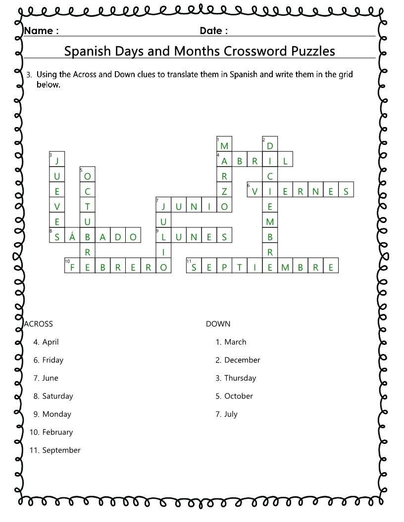 Spanish Days Months Crossword Puzzles Learn Spanish printable Activity Etsy Israel