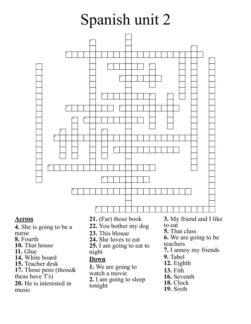 Spanish Unit 2 Crossword WordMint