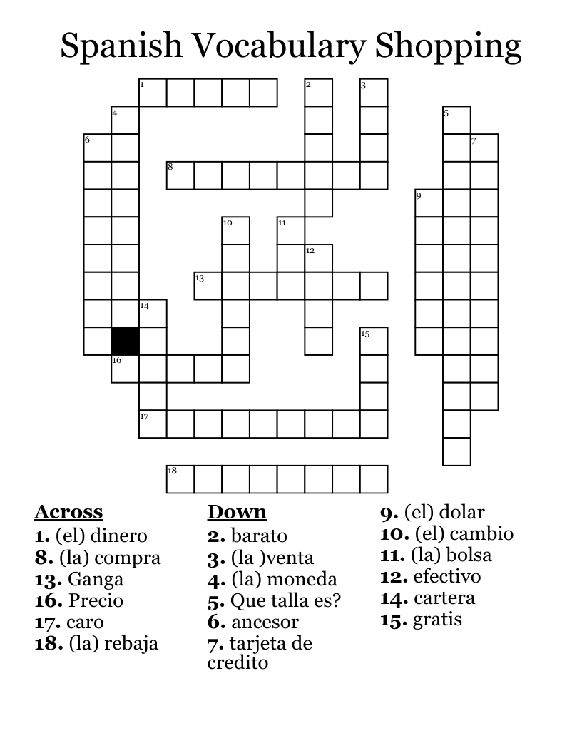 Spanish Vocabulary Shopping Crossword WordMint