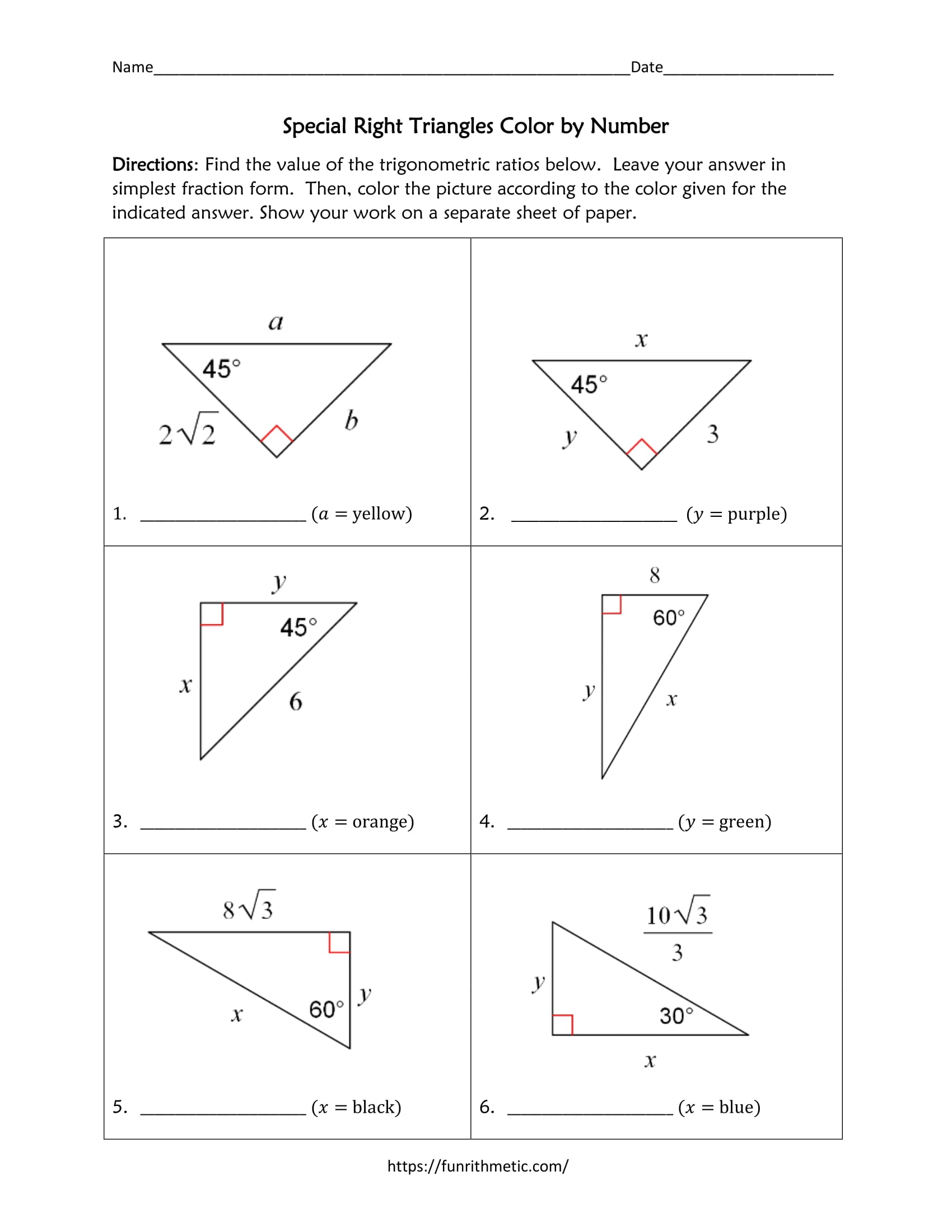 Special Right Triangles Color By Number Funrithmetic