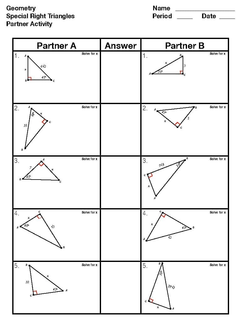 worksheet for special right triangles