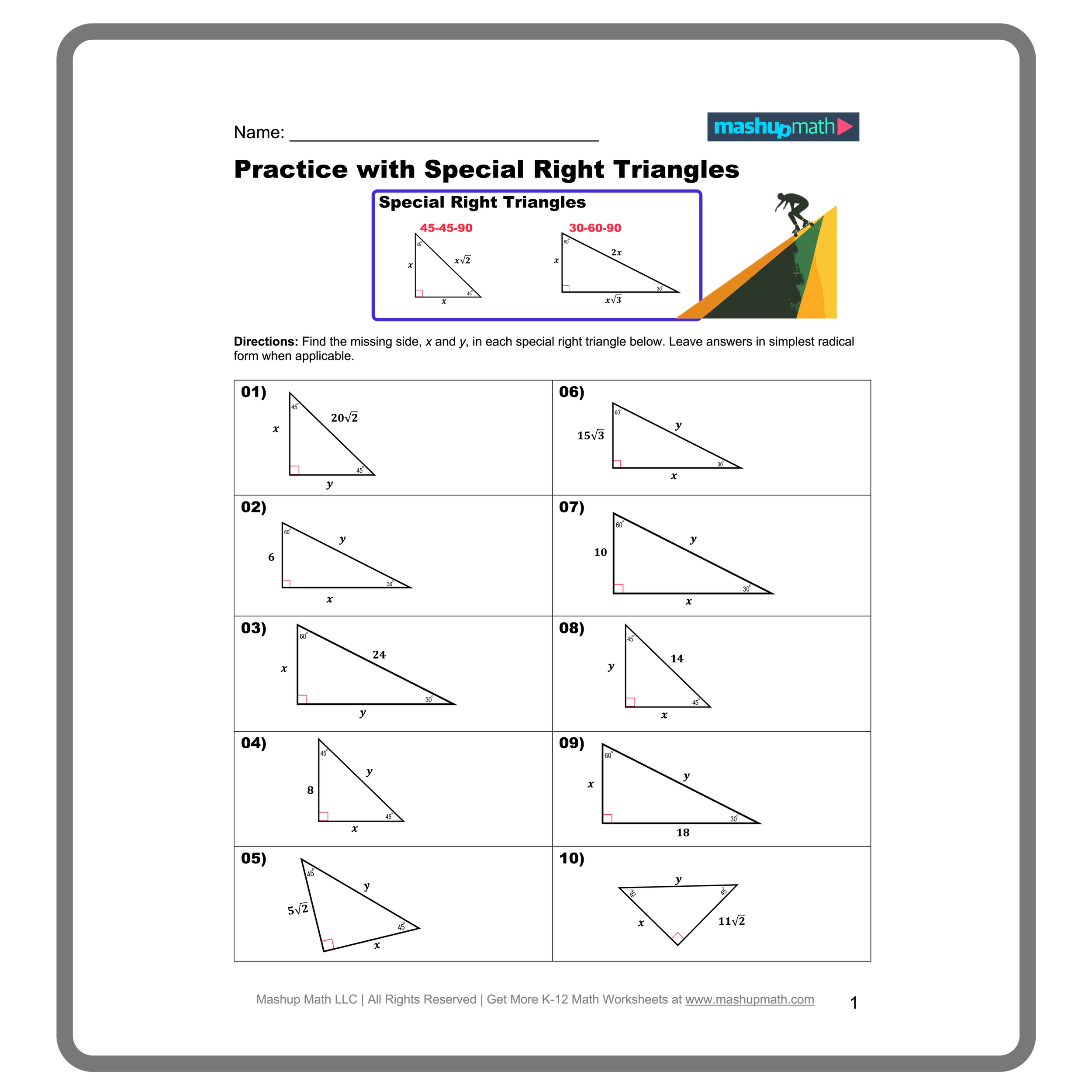 Special Right Triangles Worksheets Printable Mashup Math