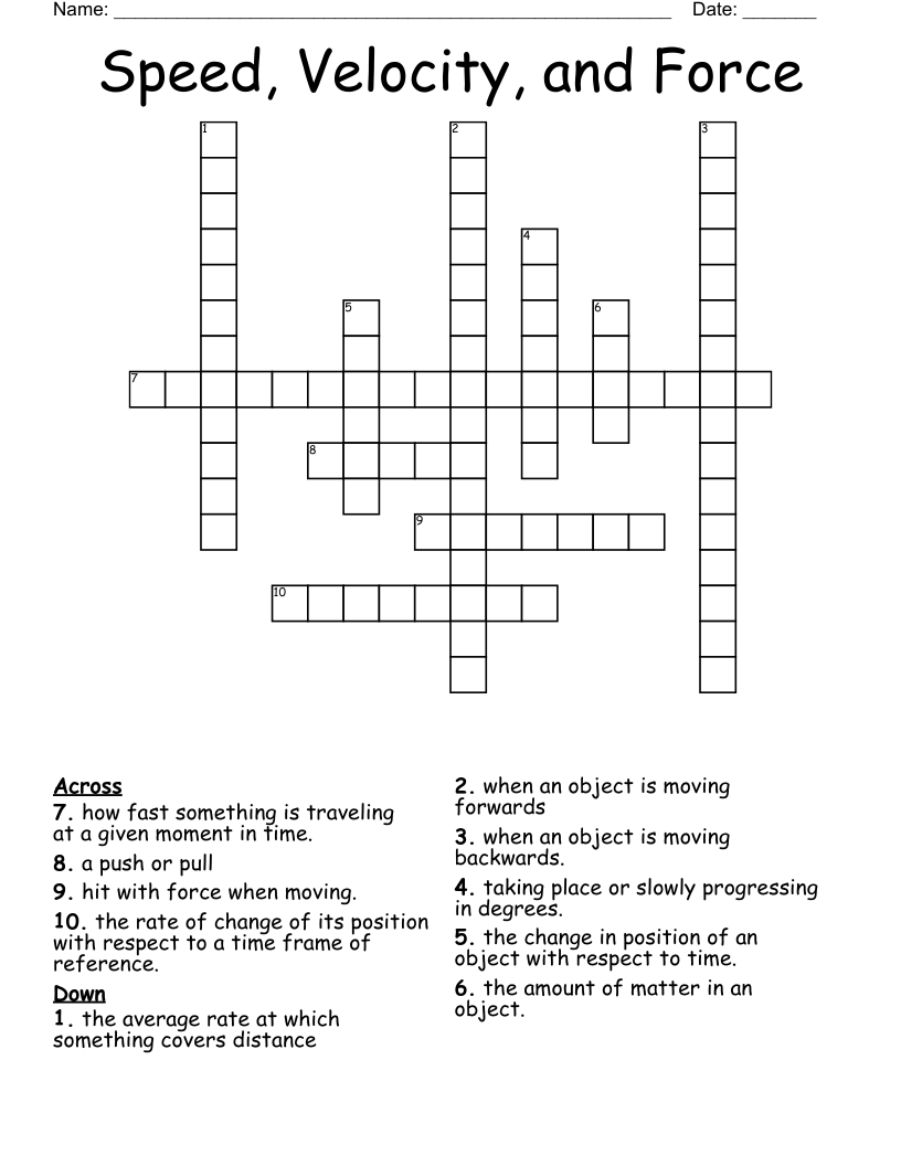 Speed Velocity And Force Crossword WordMint