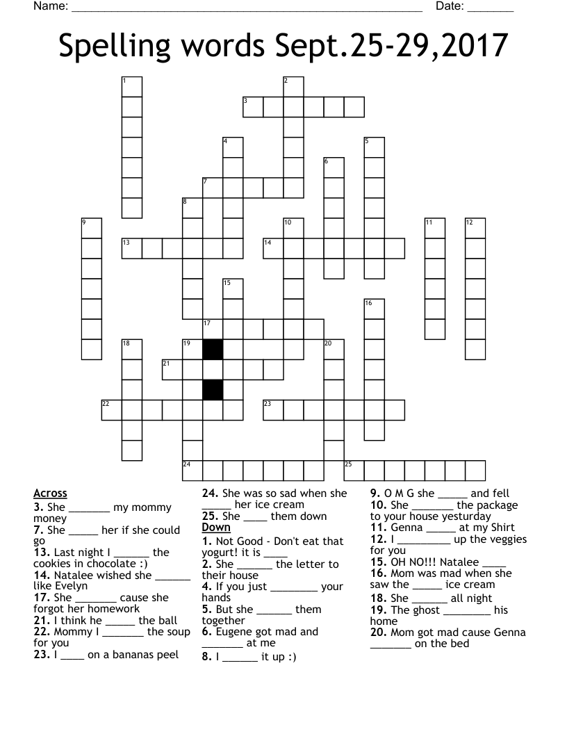 Spelling Words Sept 25 29 2017 Crossword WordMint Spelling Words Sept 25 29 2017 Crossword WordMint