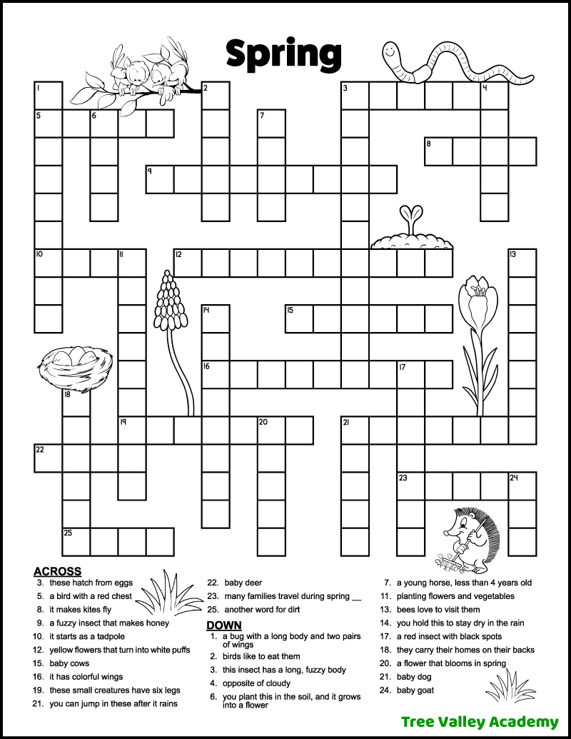 Spring Crossword Puzzles For Kids Tree Valley Academy
