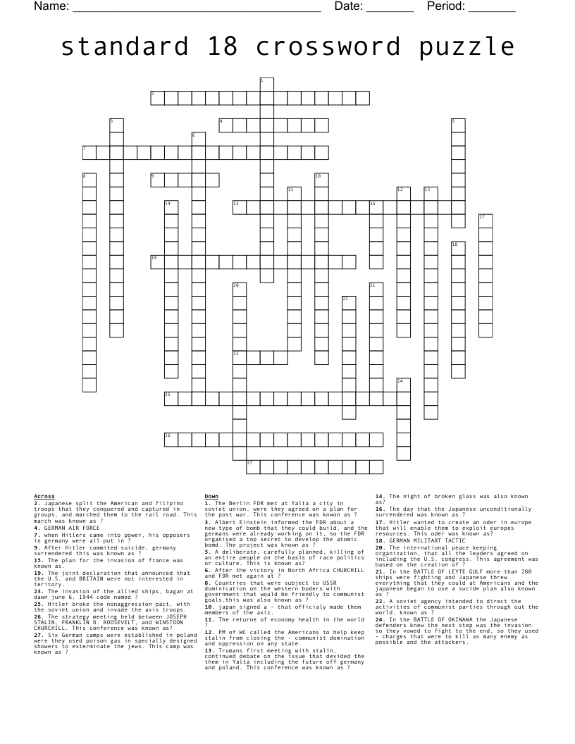 Standard 18 Crossword Puzzle WordMint