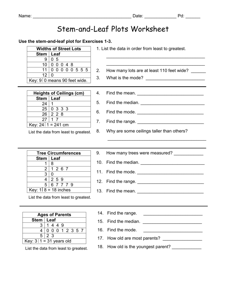 Stem and Leaf Plots Worksheet Stem and Leaf Plots Worksheet