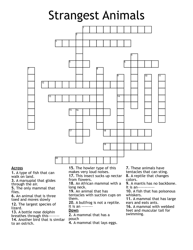 Strangest Animals Crossword WordMint Strangest Animals Crossword WordMint