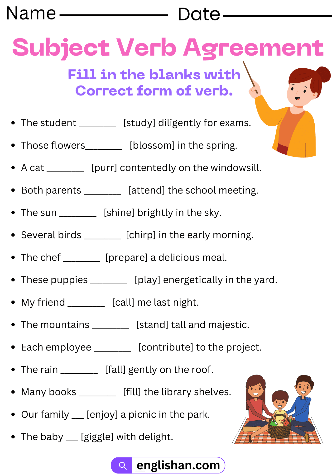 grammar subject verb agreement worksheet