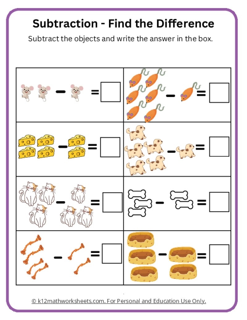 subtraction pages for kindergarten